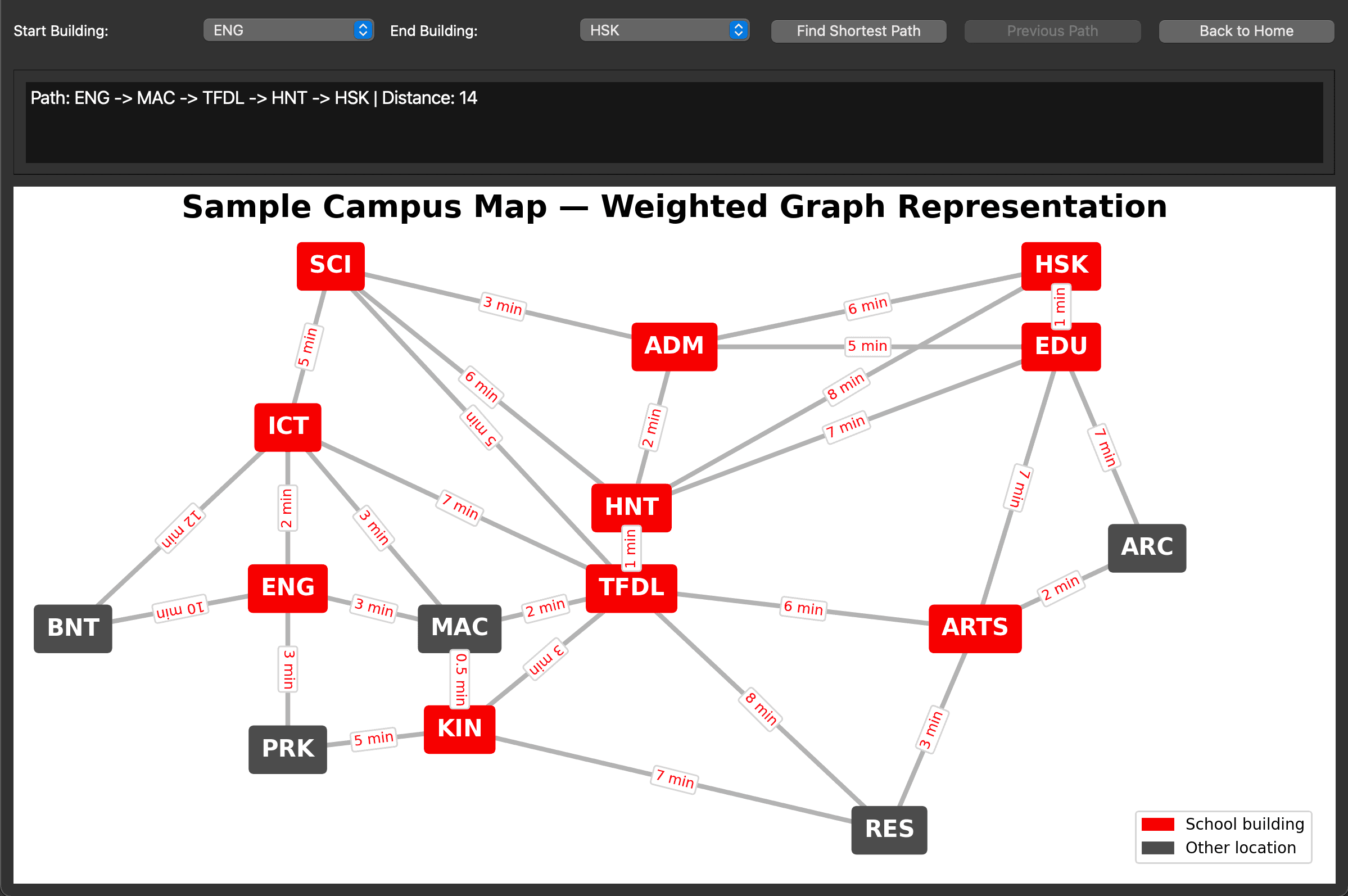 Campus map with Dijkstra path