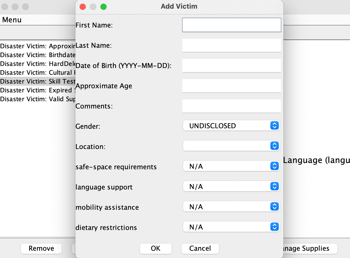 Add Victim dialog