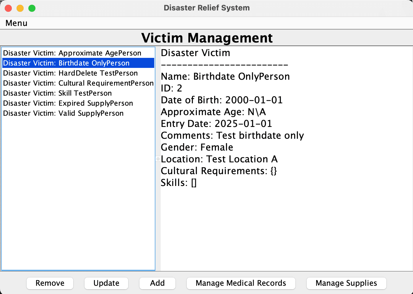 Victim Management panel